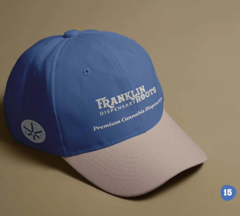 Franklin Roots branded baseball cap in brand blue and tan