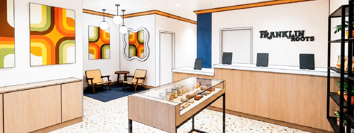 Interior design rendering of Franklin Roots Dispensary showing the retro-modern showroom with terrazzo floors, display cases, and product shelving