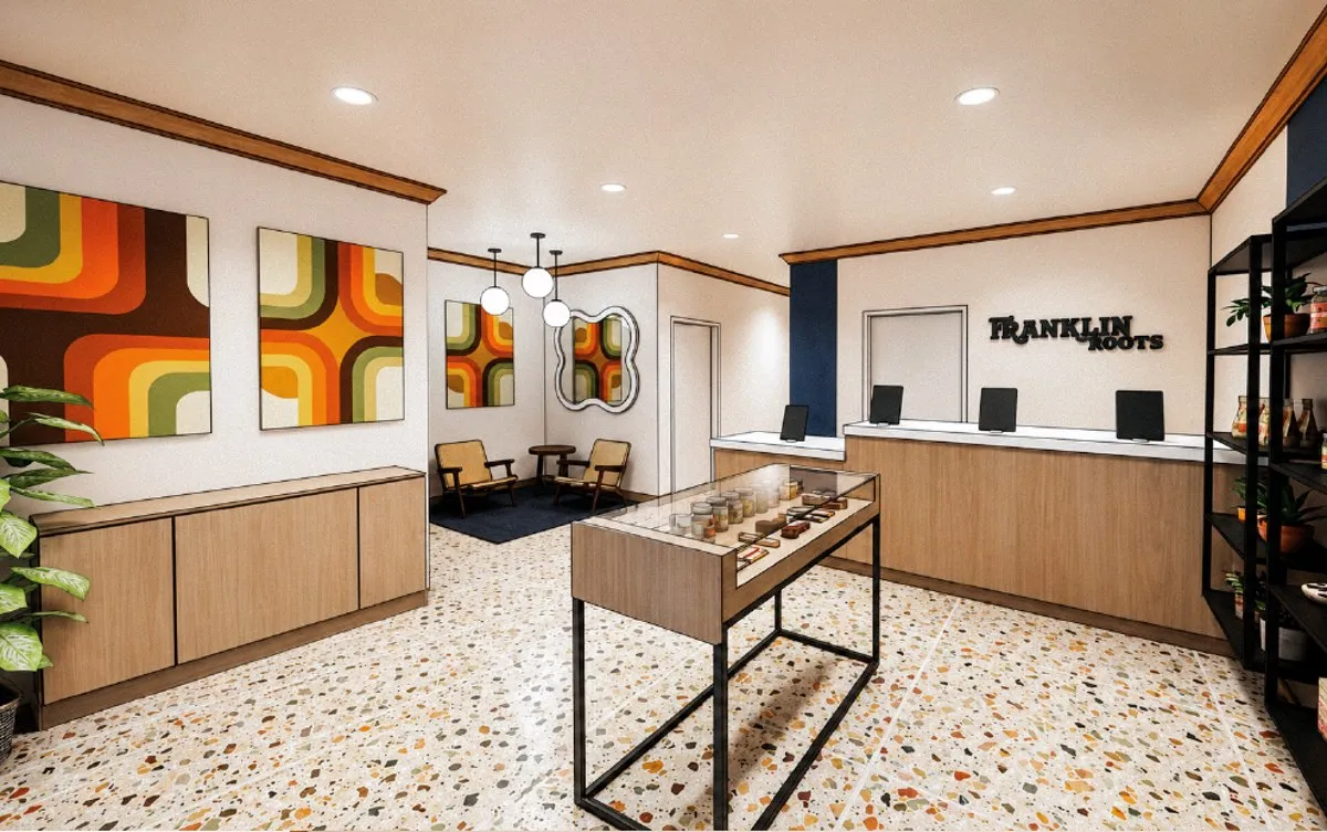 Interior design rendering of Franklin Roots Dispensary showing the retro-modern showroom with terrazzo floors, display cases, and product shelving
