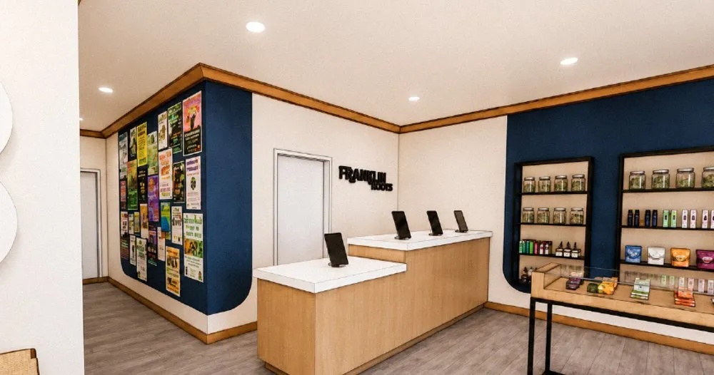 Second interior design rendering of Franklin Roots Dispensary showing the retail counter and product displays