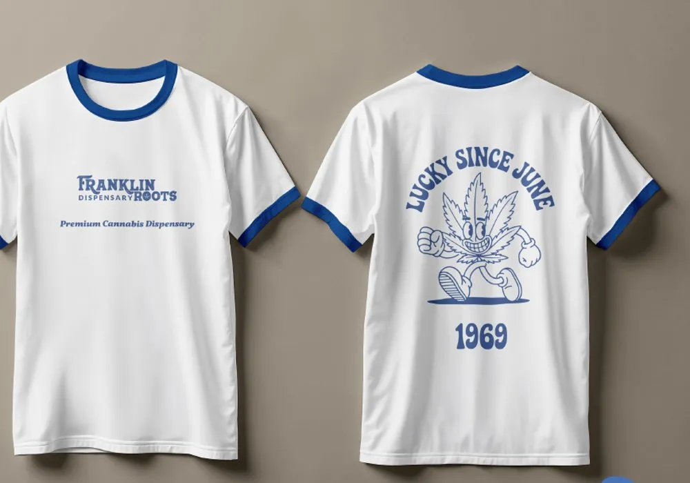 Franklin Roots branded ringer t-shirt merchandise with retro cannabis mascot design